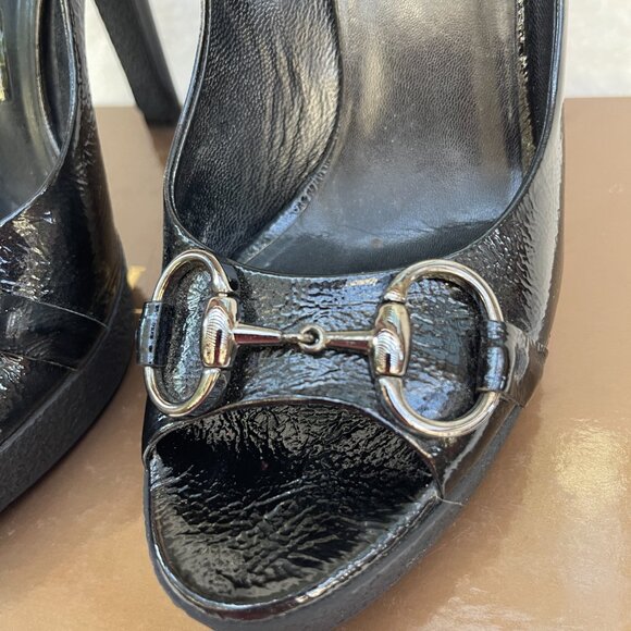 Auc Gucci Horsebit Patent Leather Open Toe Heels - Picture 7 of 12